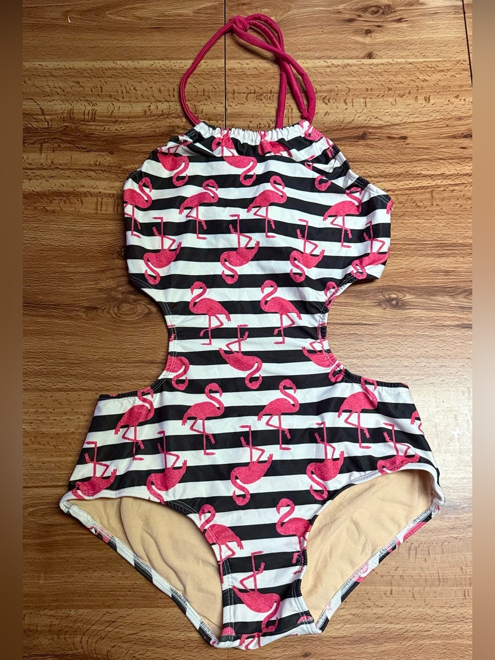 Pink Flamingo Stripe Cutout One-Piece Junior Teen Swimsuit